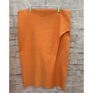 EXPRESS Body Contour Midi Skirt Ribbed Knit Orange Faux Wrap Side Slit Size XL